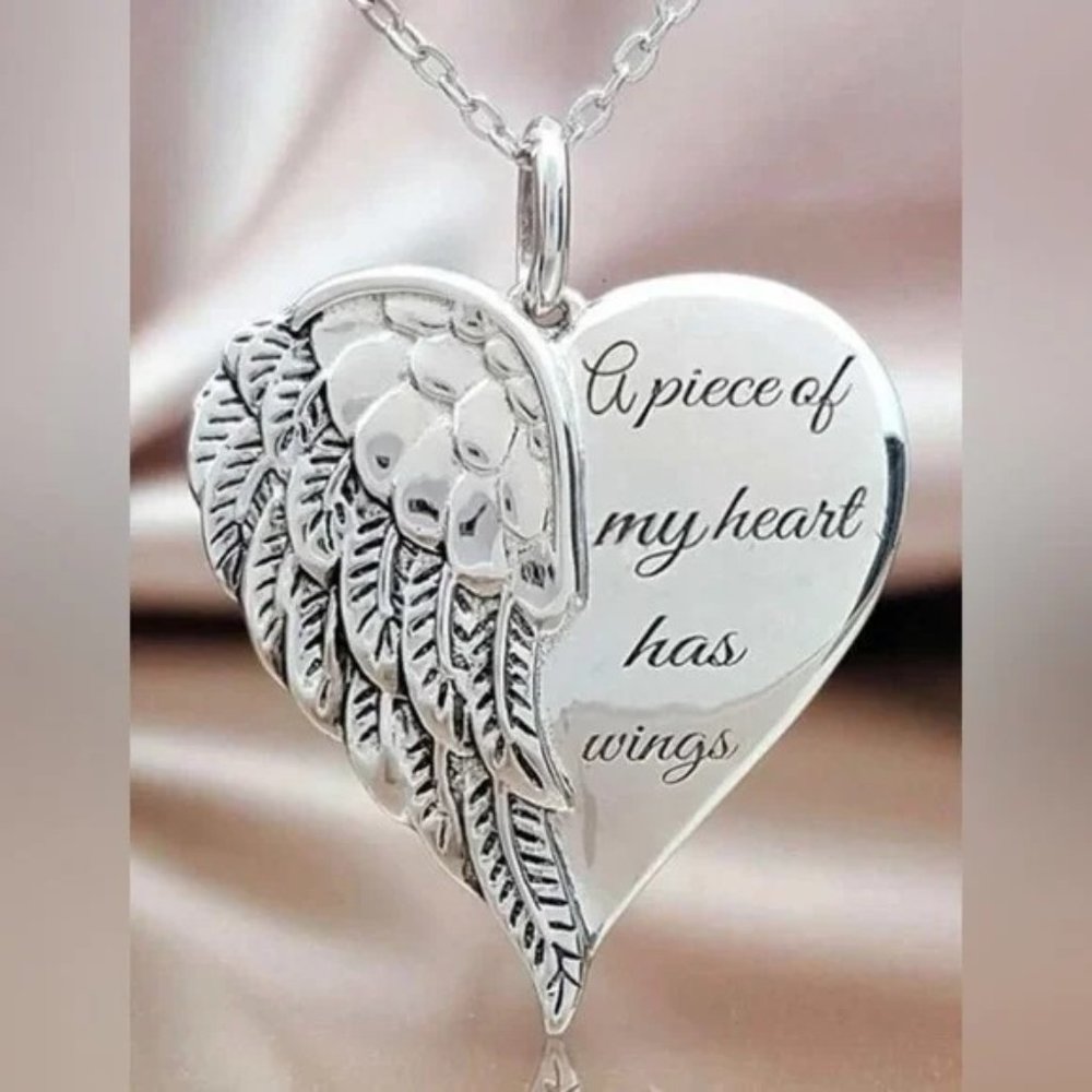 Necklace Memorial Heart A Piece of My has Wings Pendant Silver Alloy Heaven Love